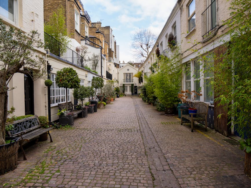 A cobblestone courtyard enclosed by white terraced townhouses on both sides, with potted plants and small trees arranged along the front walls. The right side features a wooden fence with climbing greenery, while the left side has a black iron railing with additional potted plants on the ledge. Several benches made of wood and metal are positioned along the edges of the space, and small decorative bushes are placed in pots on the ground. The background shows an ornate white building with large windows and a decorative entrance, beneath a partly cloudy sky with some visible tree branches. The overall scene is well-lit, highlighting the textured cobblestones and lush foliage, reflecting a quiet residential setting possibly prepared for or involved in a private waste clearance process, such as the services offered by Rubbish Collection Brompton for alternative rubbish removal.